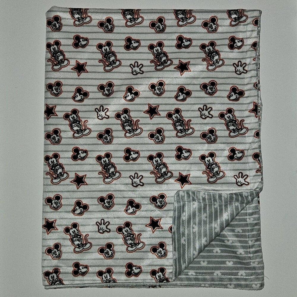 Disney Baby Mickey Mouse Reversible Blanket Red Gray White Stripe Star Hand Head